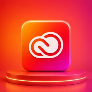 خرید اشتراک Adobe Creative Cloud با آیکون سه‌بعدی ادوبی کریتیو کلود روی پس‌زمینه قرمز و نارنجی