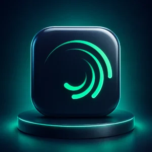 خرید اشتراک Alight Motion با آیکون سه‌بعدی الایت موشن روی پس‌زمینه تیره و نورپردازی سبز نئونی