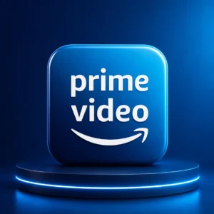 خرید اشتراک Amazon Prime Video با آیکون سه‌بعدی پرایم ویدئو روی پس‌زمینه آبی و نورپردازی نئونی