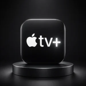 خرید اشتراک Apple TV Plus با آیکون سه‌بعدی اپل تی وی پلاس روی پس‌زمینه مشکی و نورپردازی سفید