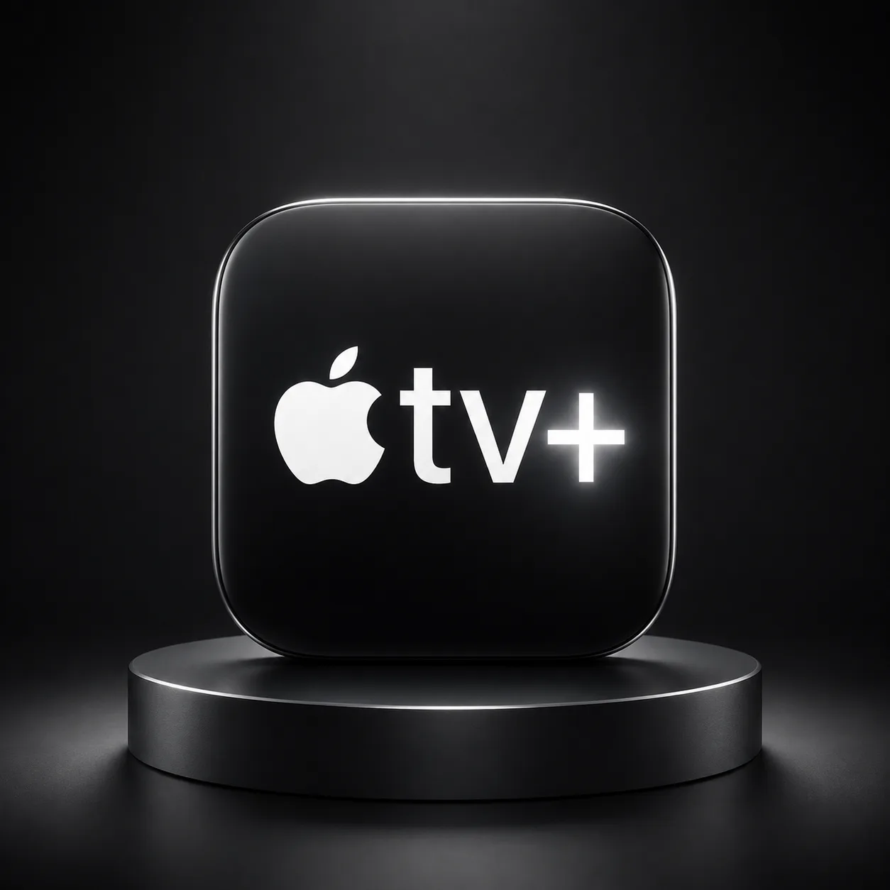 خرید اشتراک Apple TV Plus با آیکون سهبعدی اپل تی وی پلاس روی پسزمینه مشکی و نورپردازی سفید
