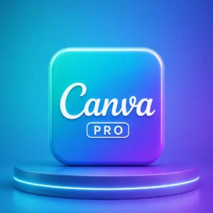 خرید اشتراک Canva Pro با آیکون سه‌بعدی کانوا پرو روی پس‌زمینه آبی و بنفش
