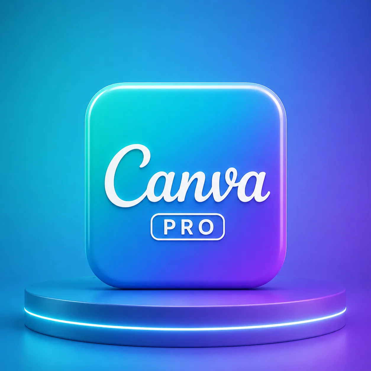 خرید اشتراک Canva Pro با آیکون سه‌بعدی کانوا پرو روی پس‌زمینه آبی و بنفش