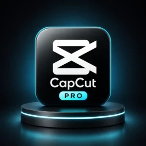 خرید اشتراک CapCut Pro با آیکون سه‌بعدی کپ کات پرو روی پس‌زمینه مشکی و نورپردازی آبی نئونی