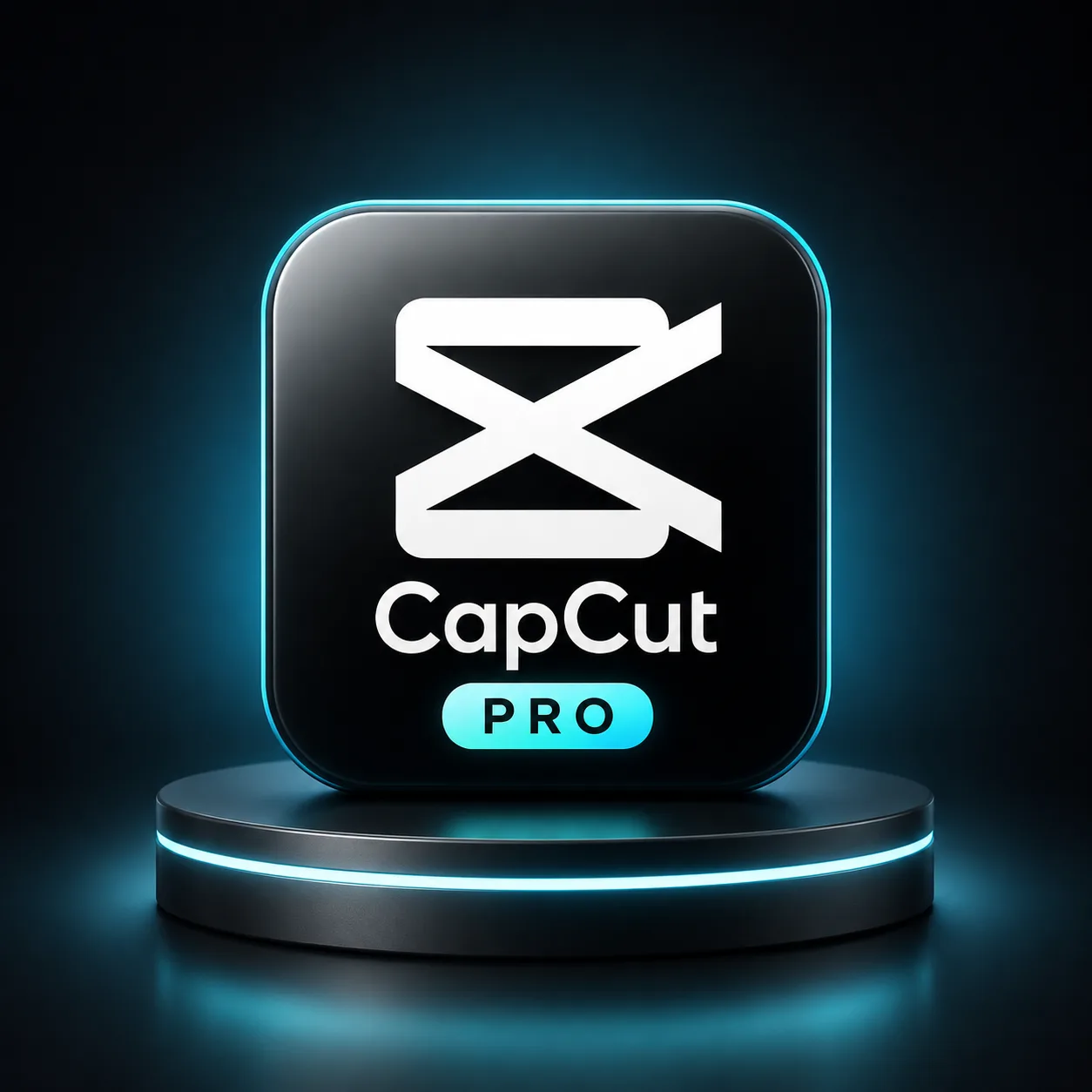 خرید اشتراک CapCut Pro با آیکون سه‌بعدی کپ کات پرو روی پس‌زمینه مشکی و نورپردازی آبی نئونی