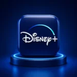 خرید اشتراک Disney Plus با آیکون سهبعدی دیزنی پلاس روی پسزمینه آبی و نورپردازی نئونی
