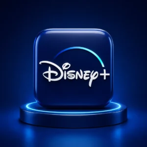 خرید اشتراک Disney Plus با آیکون سه‌بعدی دیزنی پلاس روی پس‌زمینه آبی و نورپردازی نئونی