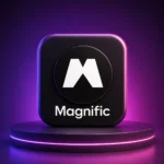 خرید اشتراک Magnific AI با آیکون سهبعدی مگنیفیک روی پسزمینه مشکی، بنفش و صورتی