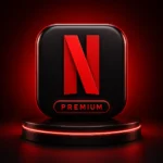 خرید اشتراک Netflix Premium با آیکون سهبعدی نتفلیکس پریمیوم روی پسزمینه مشکی و قرمز
