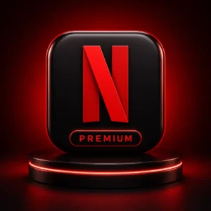 خرید اشتراک Netflix Premium با آیکون سه‌بعدی نتفلیکس پریمیوم روی پس‌زمینه مشکی و قرمز